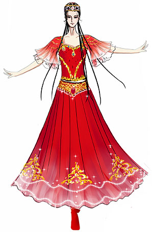 新疆舞蹈演出服裝設計與定制紅色表演擺裙演出服裝設計！