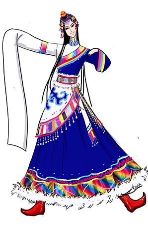 藍色藏族女款舞蹈演出服裝設計圖！