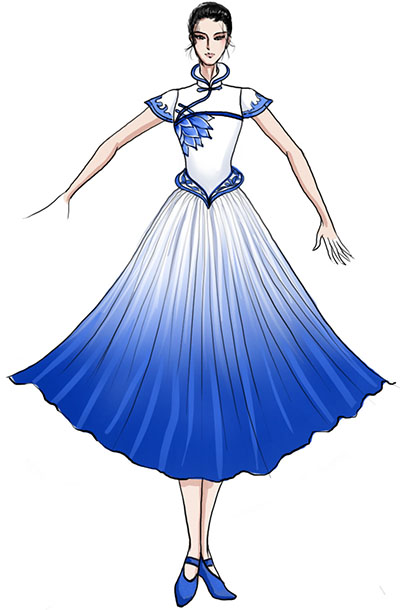 古典演出服裝設計女藍色長裙古典舞服裝定制