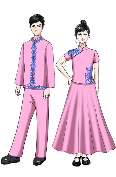 中式演出服裝兒童合唱粉紅色合唱演出服裝！