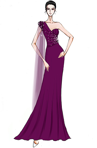 晚會演出禮服設計新款露肩紫色主持人禮服設計！