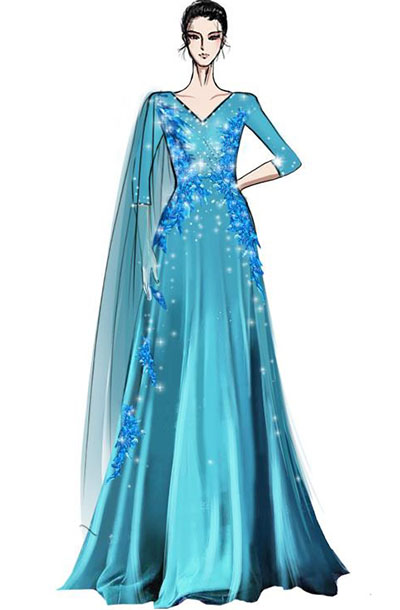 藍色經典舞臺演出禮服設計女款舞臺樂器室表演服裝設計！
