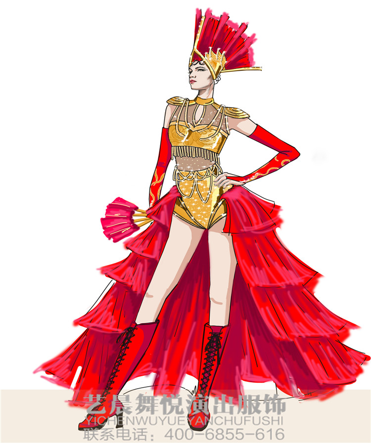 巡游演出服裝設計紅色裝扮裙威尼斯狂歡節演出服裝設計！